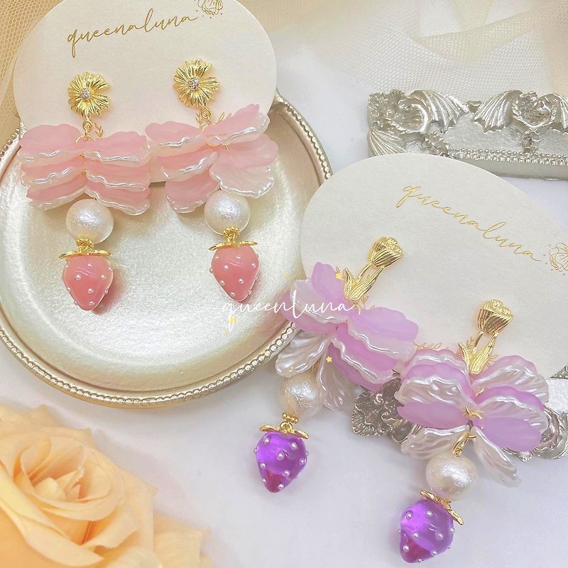 Strawberry Petal Earrings - Earrings & Clip-ons - Other Materials Pink