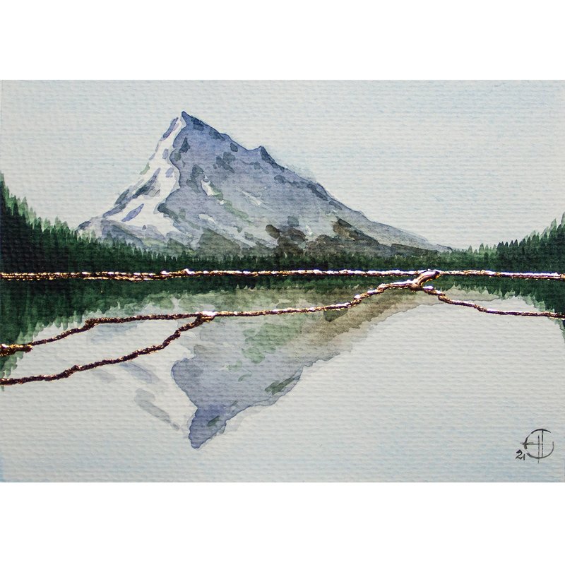 Mountain Lake Original Art Pine Trees Watercolor Painting Abstract Landscape Art - 海報/掛畫/掛布 - 紙 藍色