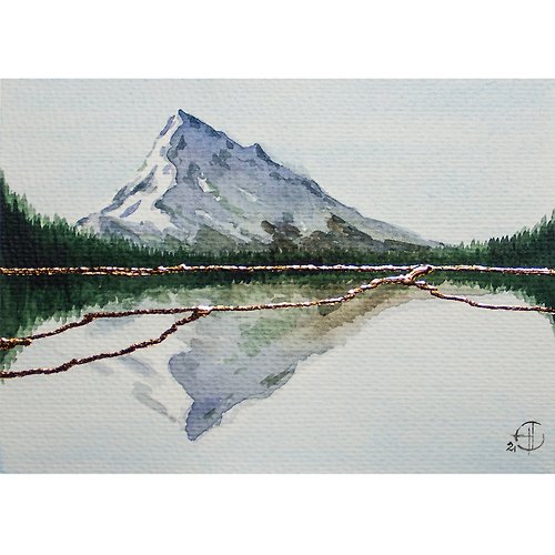 Nadya Ya Art Mountain Lake Original Art Pine Trees Watercolor Painting Abstract Landscape Art