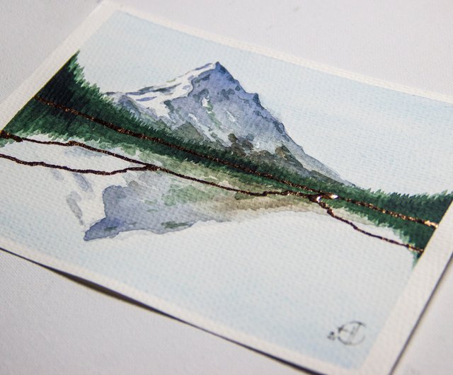 山 湖 原画 松の木 水彩画 抽象画 風景画 アート - ショップ