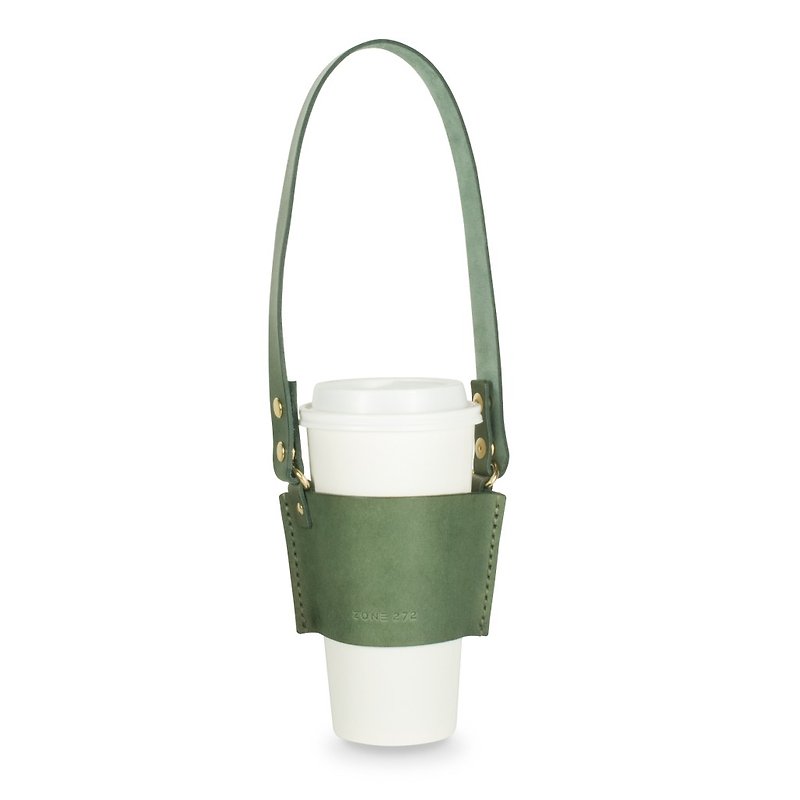 ACCESSORIES leather drink cup bag dark green vegetable yak leather and gold button - ถุงใส่กระติกนำ้ - หนังแท้ สีเขียว