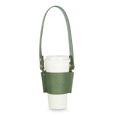 ACCESSORIES leather drink cup bag dark green vegetable yak leather and gold button