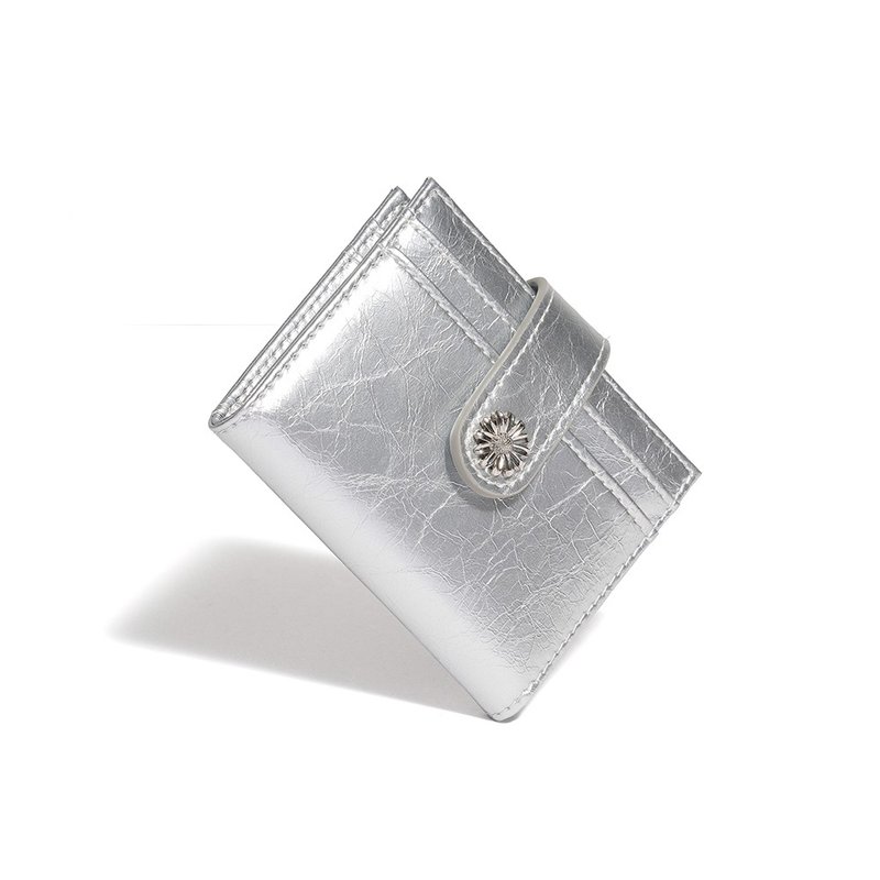 Mini Daisy Photo Slot Card Holder Card Wallet silver - กระเป๋าสตางค์ - หนังแท้ สีเงิน