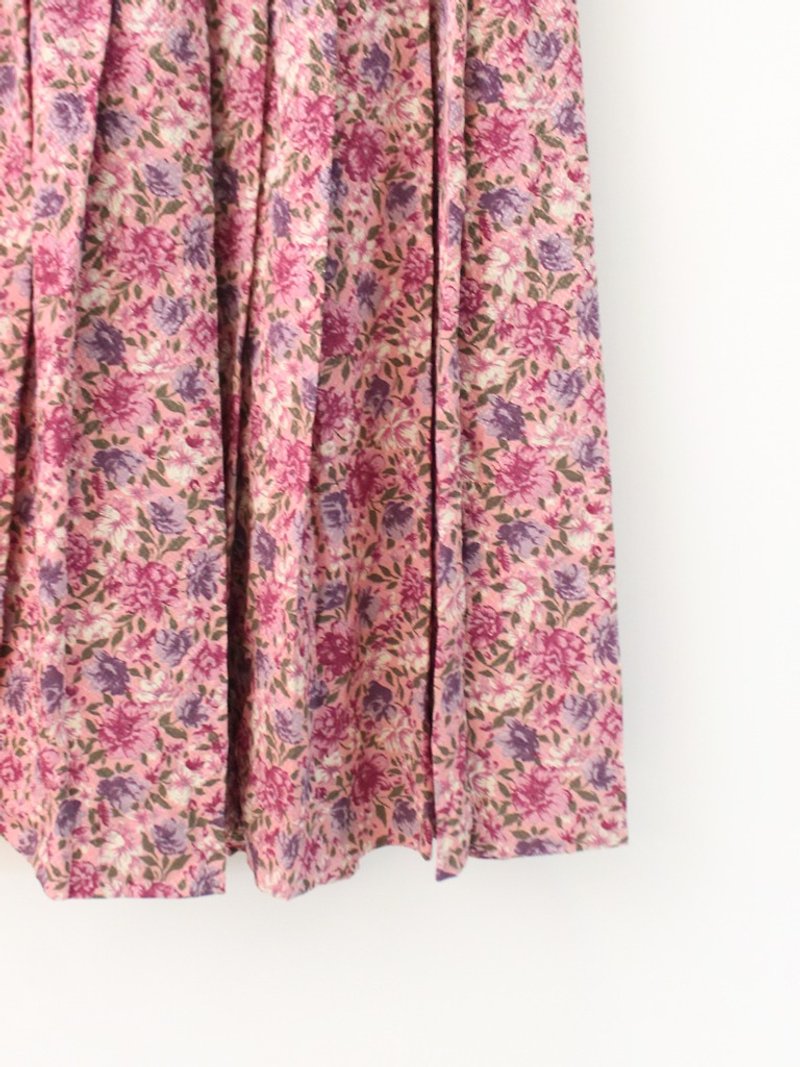 Vintage Summer Pastoral Wind Floral Pink Vintage Dress Vintage Skirt - กระโปรง - เส้นใยสังเคราะห์ สึชมพู