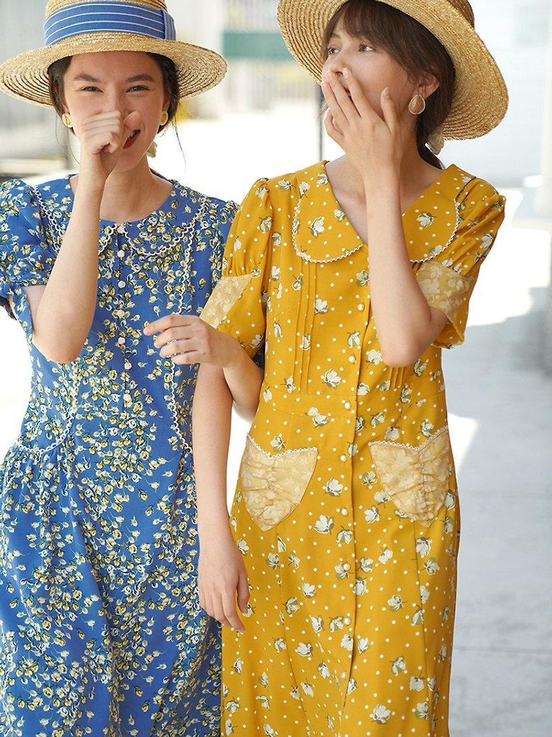 Mintcheese 法式薑黃碎花連衣長裙 - 洋裝/連身裙 - 聚酯纖維 黃色