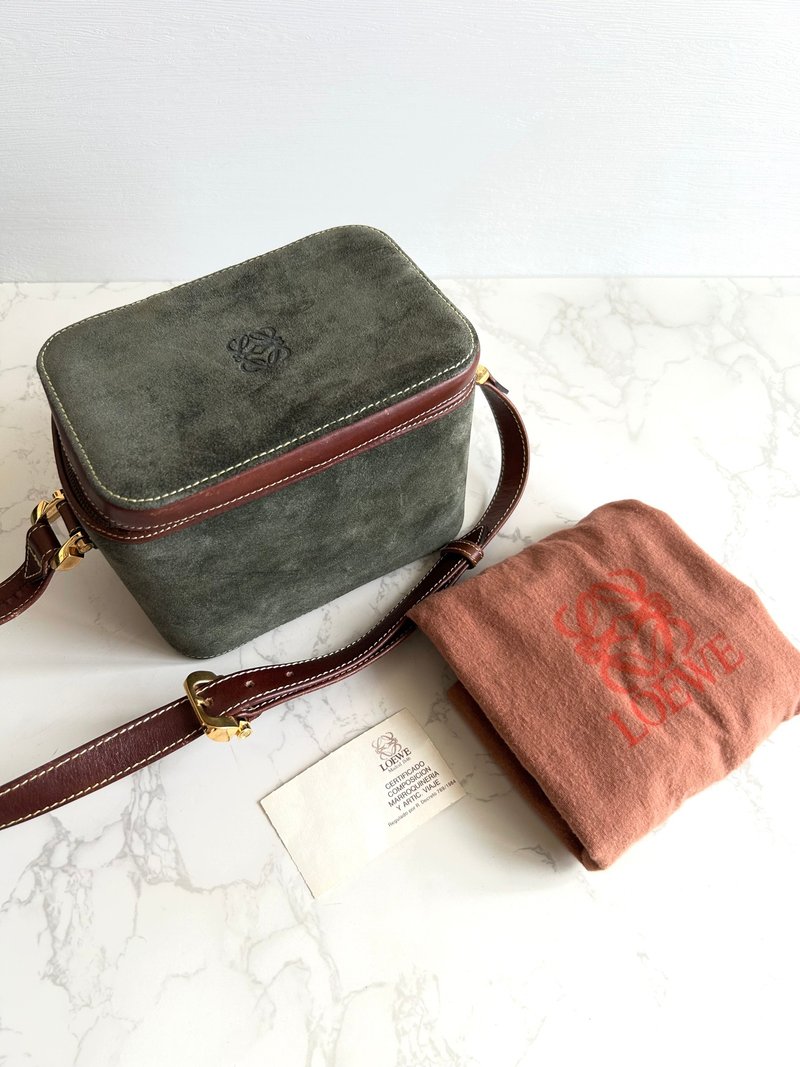 絕版古董包 Loewe中古二手拼色盒子 側背包 斜孭包 皮革包 單肩包 - 側背包/斜背包 - 真皮 咖啡色