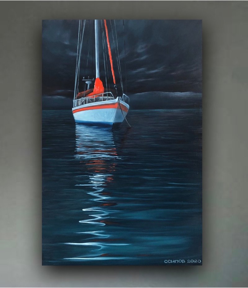 Original Oil Painting On Canvas Boat Seascape Yacht Painting Stormy Landscape - 壁貼/牆壁裝飾 - 棉．麻 多色