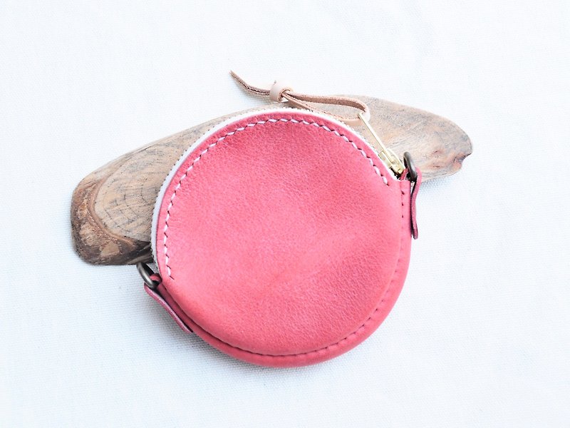 Round and zip coin purse-wax red WAXED ROSSO well stitched leather material bag loose paper - Coin Purses - Genuine Leather Red