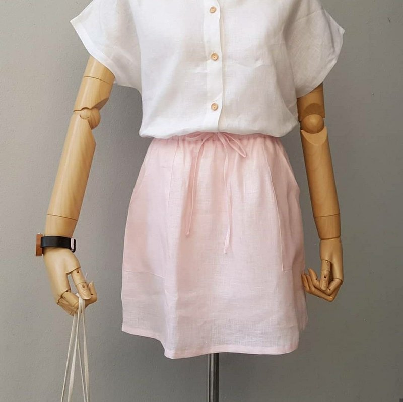 Linen Short Skirt - Pink - 裙子/長裙 - 亞麻 粉紅色