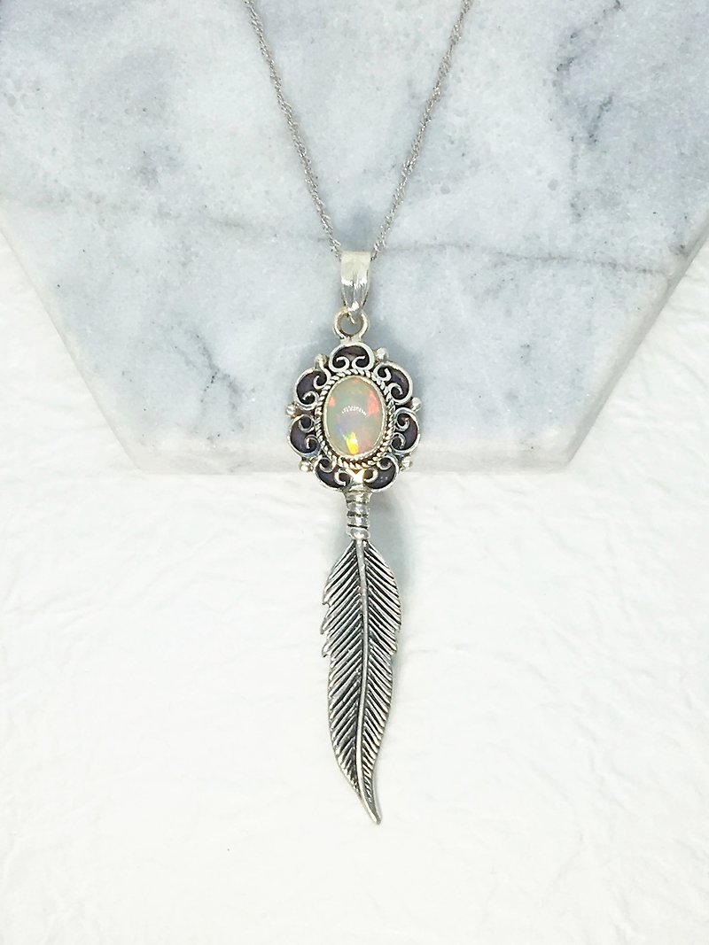 Opal Opal 925 sterling silver flower feather necklace Nepal handmade mosaic production - Necklaces - Gemstone Multicolor