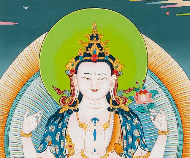 h21# 四腕観音 仏祖 唐卡 タンカ Thang-ga 装飾画民间文化芸術 四臂の観音タンカ | 高品質な観音アート - ショップ Boudha