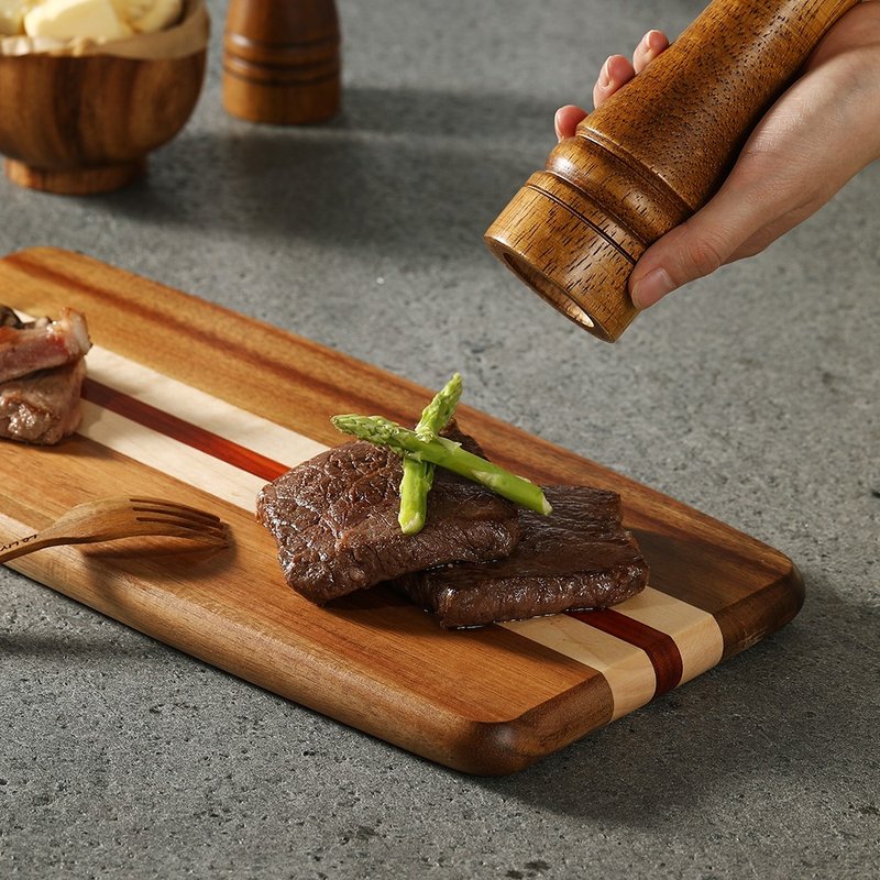 Acacia Wood Striped Cutting Board with Handle - ถาดเสิร์ฟ - ขนแกะ 