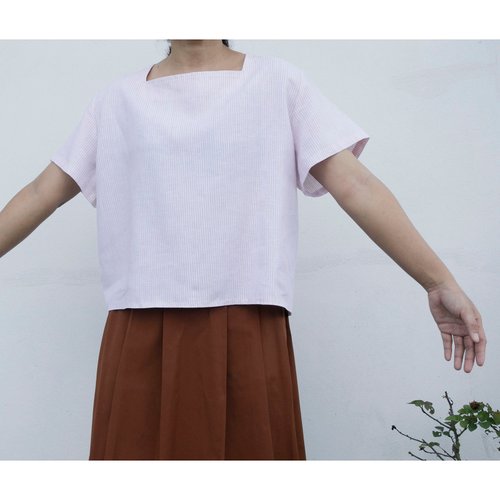 vhann Linen | Pink striped square neck short sleeve shirt