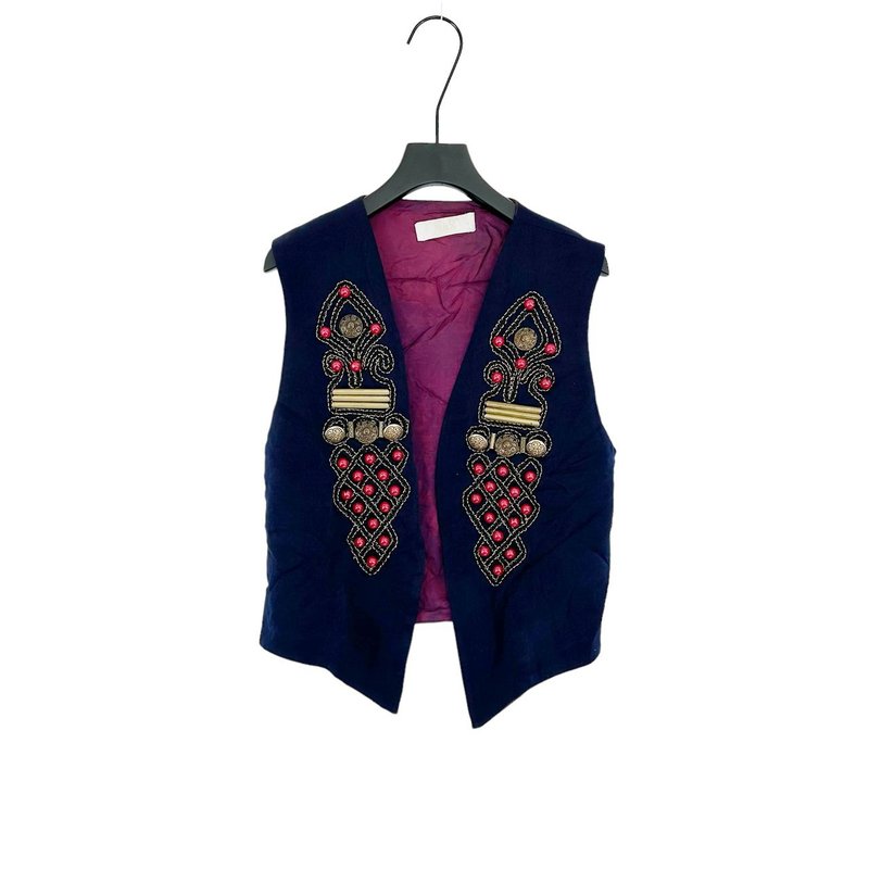 Second-hand dark blue light and shiny stitching embroidery metal beads buttonless vest PF301B - Women's Vests - Polyester Blue