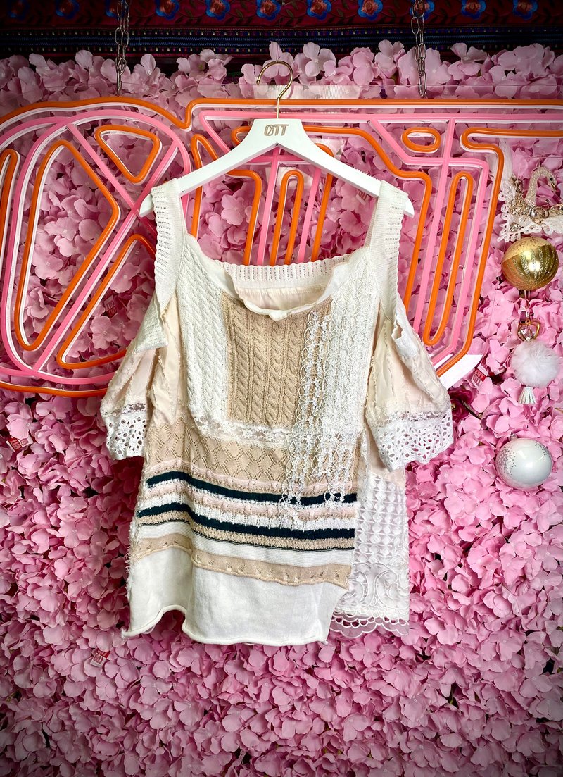 只此一件*米杏色撞色手織露肩吊帶上衣White Cream Knitted Top* - 女上衣/長袖上衣 - 棉．麻 白色