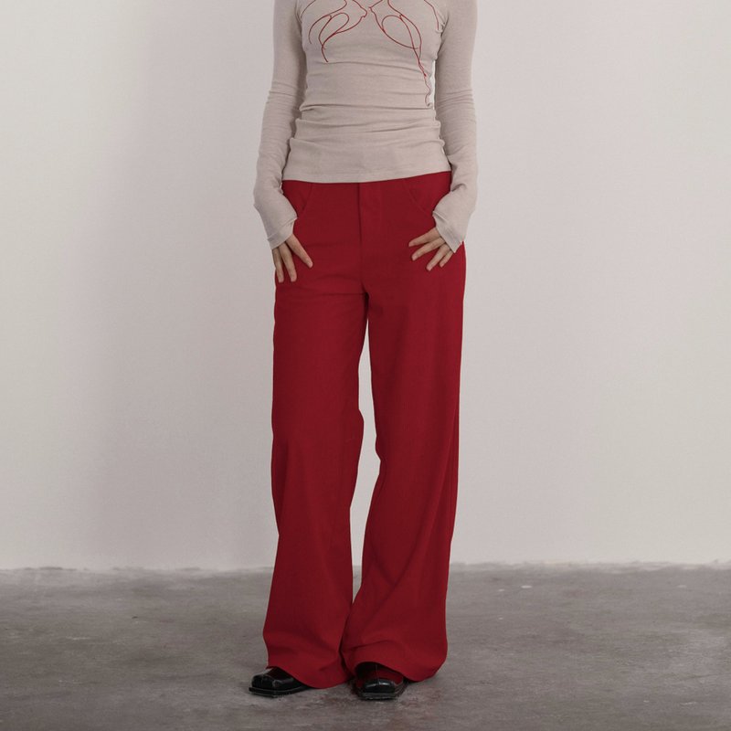 法式復古 / 時髦闊腿褲 / 燈芯絨 - 女長褲 - 其他材質 紅色