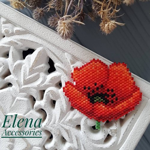 Elena Accessories Art Beaded Poppy flower brick stitch PDF pattern for miyuki delica 11/0 seed beads