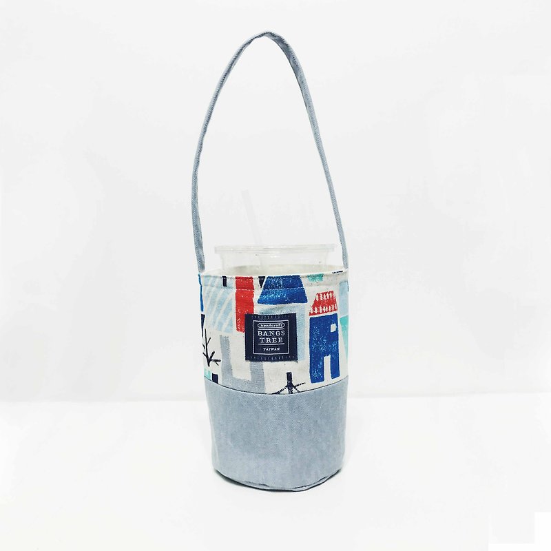 Drink bag - crayon hand painted little house - ถุงใส่กระติกนำ้ - ผ้าฝ้าย/ผ้าลินิน สีเทา