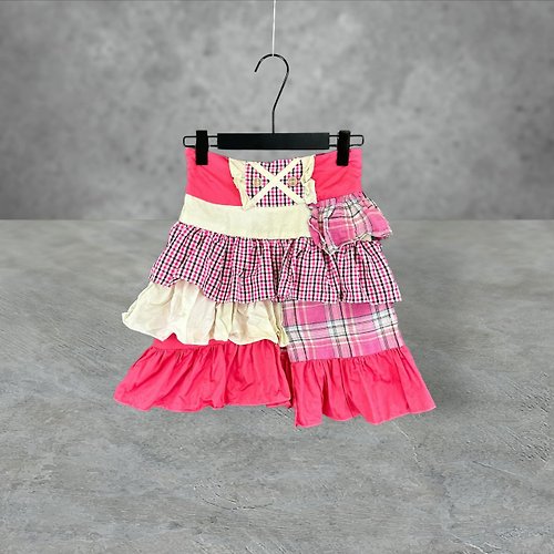 蘿綺莉蕾芭索 桃紅米配色 拼接 格紋 層次 高腰 25 短裙 PF427