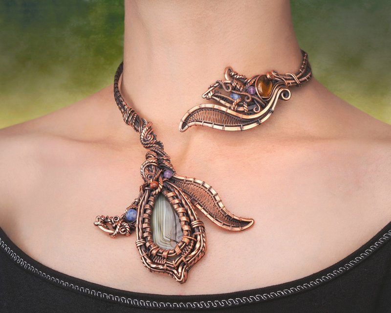 Unique wire wrapped necklace | Copper | Agate | Tiger eye | Amethyst | Sodalite - 鎖骨鍊 - 寶石 多色
