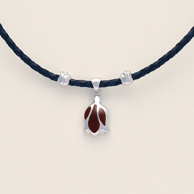 Tulip Necklace-Burgundy Red (Italian Genuine Leather Cord) - Necklaces - Other Metals Red