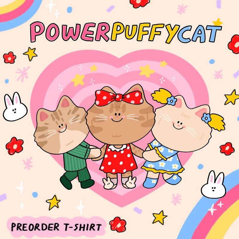 เสื้อยืดลาย power puffy cat - เสื้อยืดผู้หญิง - งานปัก 