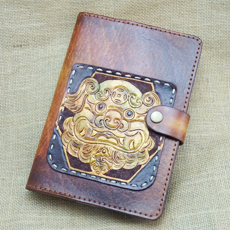 Ruyi lion hand-made leather notebook, hand account book, book jacket (plus leather bookmark) - สมุดบันทึก/สมุดปฏิทิน - หนังแท้ สีนำ้ตาล