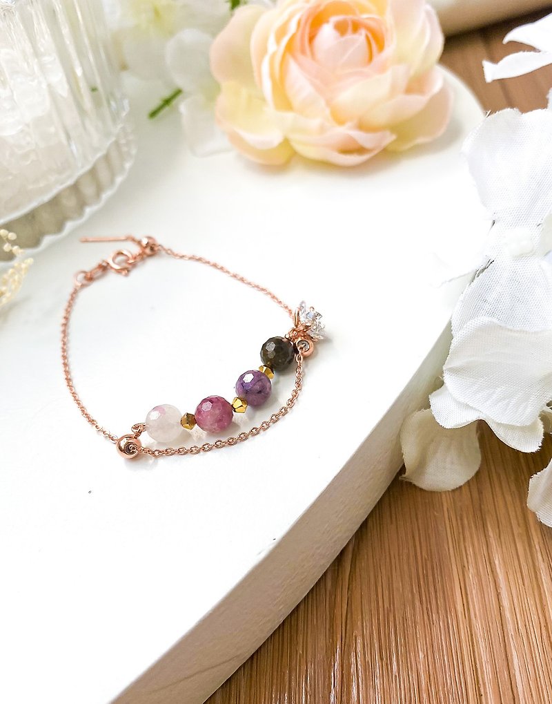 RURI | Rose Gold Plum Blossoms Tourmaline Double Chain Bracelet - Bracelets - Gemstone Pink