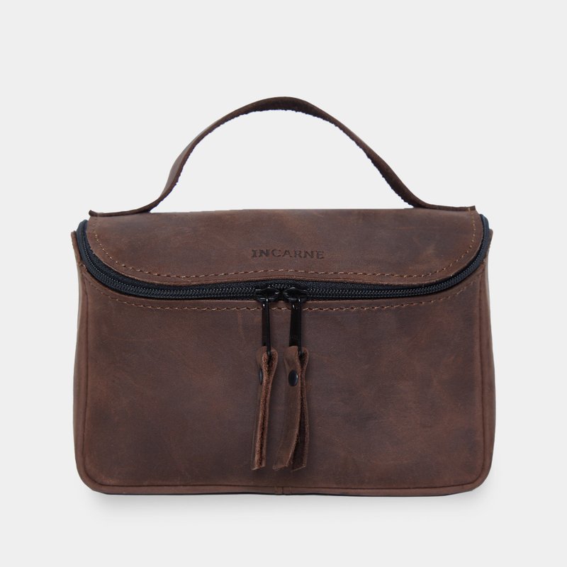 棕色復古皮革洗漱包 – 手工製作的化妝品收納包 - 化妝包/收納袋 - 真皮 咖啡色