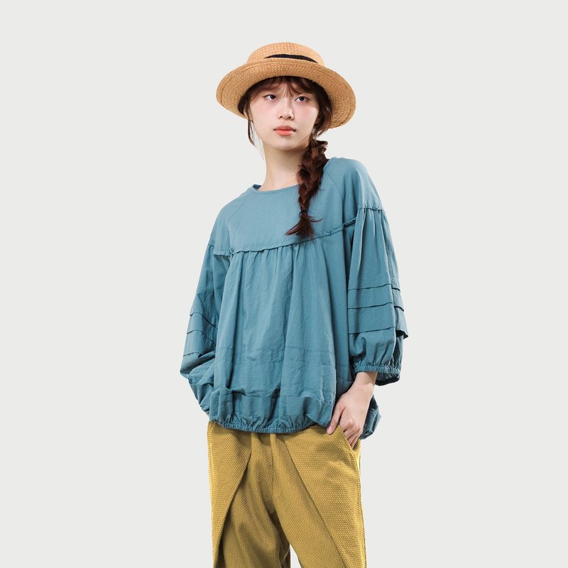 堆堆壓褶七分拋袖上衣 - 女上衣/長袖上衣 - 棉．麻 藍色