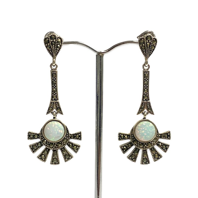 Art Deco Style Gilson Opal Stone Fan Set Pendant & Earrings 925 Sterling Silver - 耳環/耳夾/耳骨夾 - 純銀 銀色