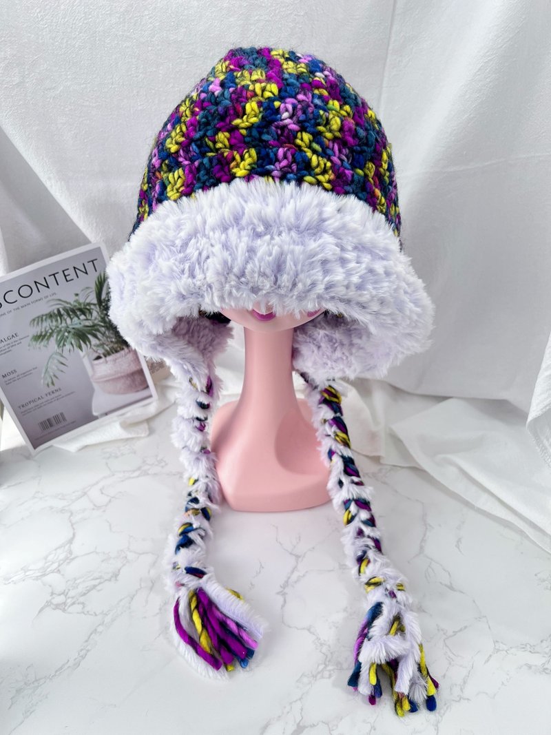 [Bunny Belle] Versatile Warm Ear Protective Hat for Autumn and Winter - Color + Light Purple Fur Edge - Hats & Caps - Wool White