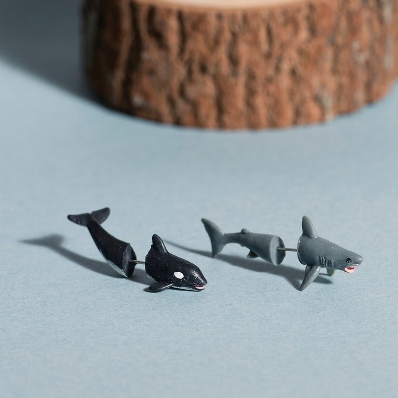 塑膠 耳環/耳夾 多色 - \耳邊動物園/ 單邊造型耳針_鯨魚 鯊魚