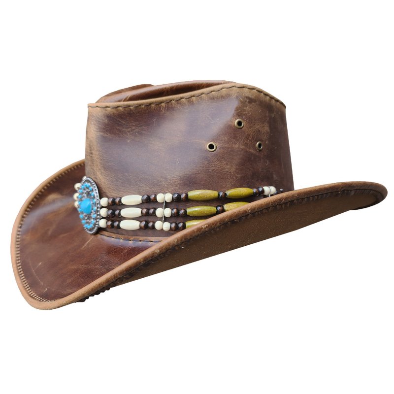 Vintage Western Cowboy Hat with Beaded Hat Band - 帽子 - 真皮 咖啡色