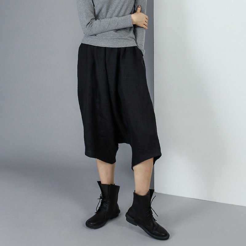 【Custom】AB side plain and plaid harem pants - กางเกงขายาว - ผ้าฝ้าย/ผ้าลินิน สีดำ