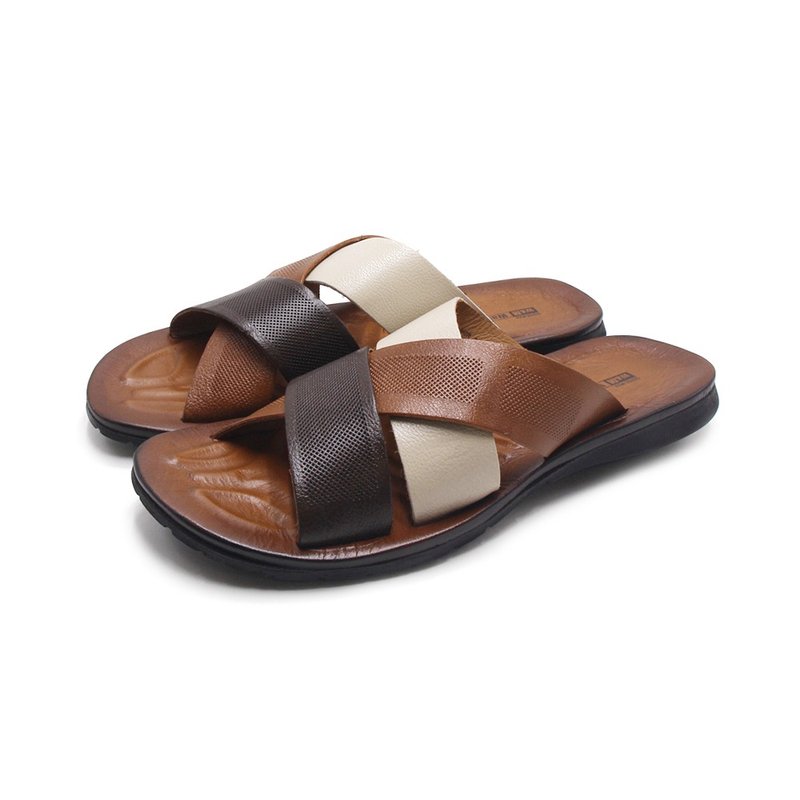 WALKING ZONE SUPERMAN series genuine leather mixed color cross-strap comfortable slippers for men - Brown - รองเท้าแตะ - หนังแท้ 