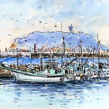 水彩画原画 海の見える江ノ電踏切・鎌倉稲村ヶ崎付近 - ショップ 松下