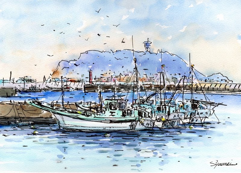 水彩画原画　腰越漁港風景 B - 海報/掛畫/掛布 - 紙 藍色