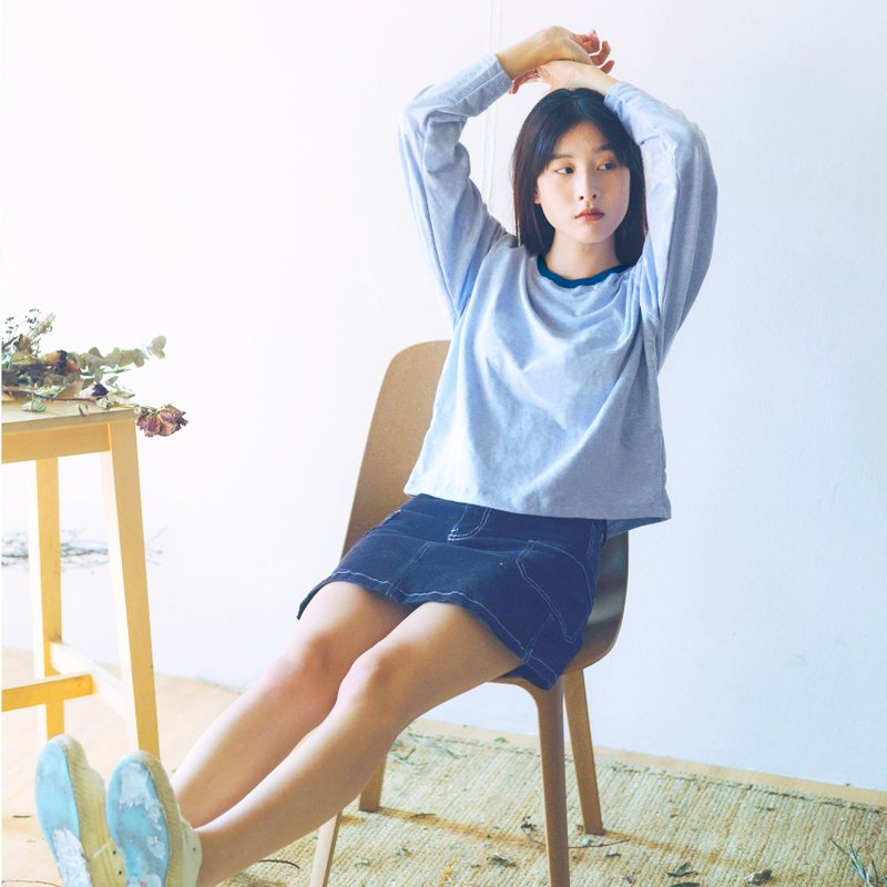 Blue Sky ~ Super Soft Cotton French Terry Knit /Plain Loose Fit Long Sleeve - 女 T 恤 - 棉．麻 藍色