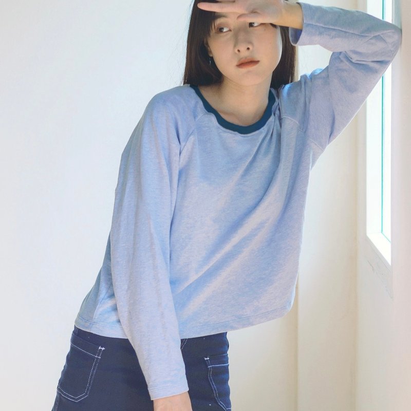 Blue Sky ~ Super Soft Cotton French Terry Knit /Plain Loose Fit Long Sleeve - 女 T 恤 - 棉．麻 藍色