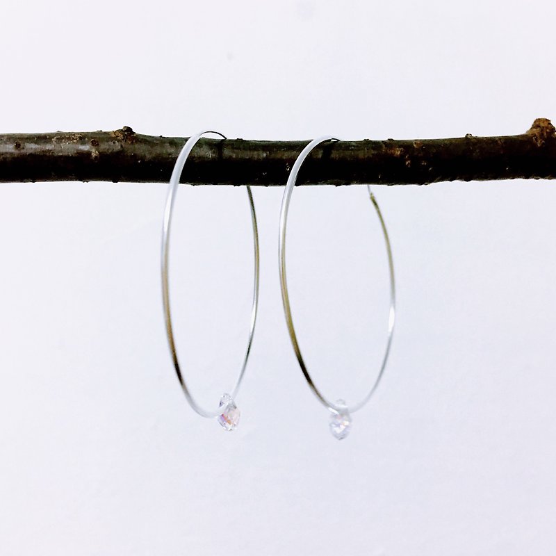 // Circle circle / / sterling silver ring earrings transparent rain drops crystal no plating anti-allergy with silver cloth - ต่างหู - โลหะ สีเงิน