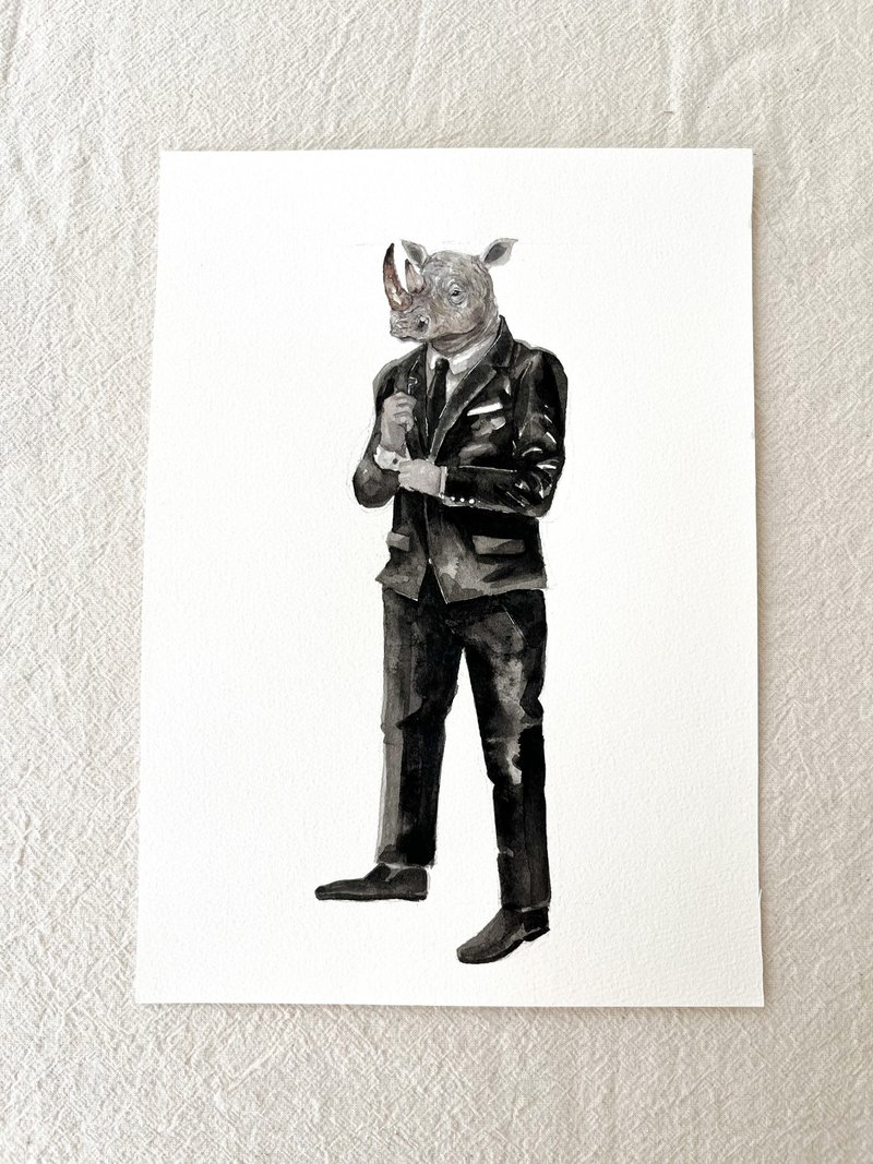 Suit series rhino watercolor original painting - ภาพวาดบุคคล - กระดาษ สีดำ