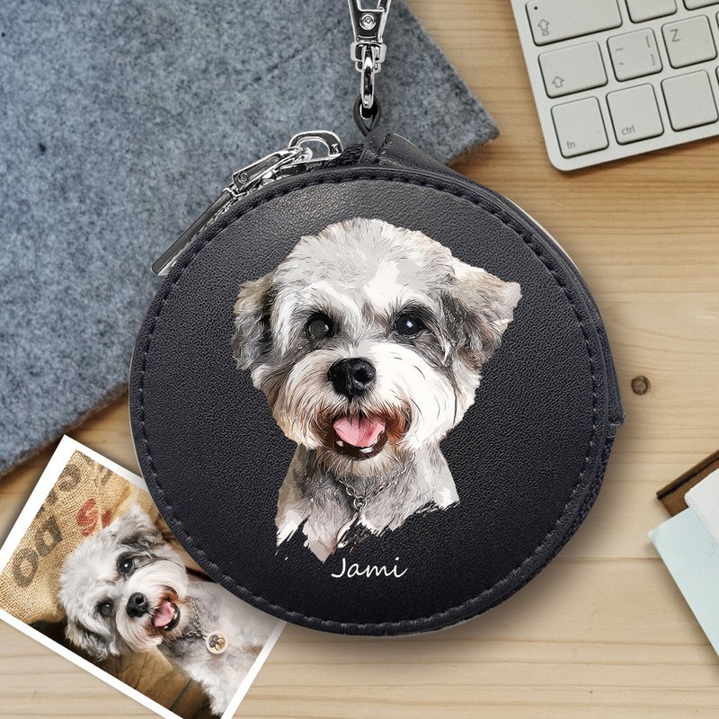 Customized photo micro-illustration style genuine leather round bag - black cowhide - กระเป๋าใส่เหรียญ - หนังแท้ สีดำ