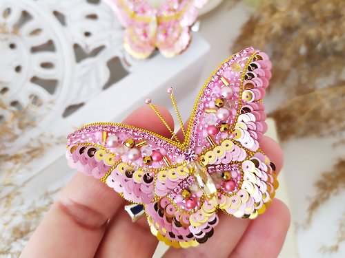 Art jewelry by Mila Pink butterfly pin. Embroidery butterfly brooch. Gift for her, for girl. for mom