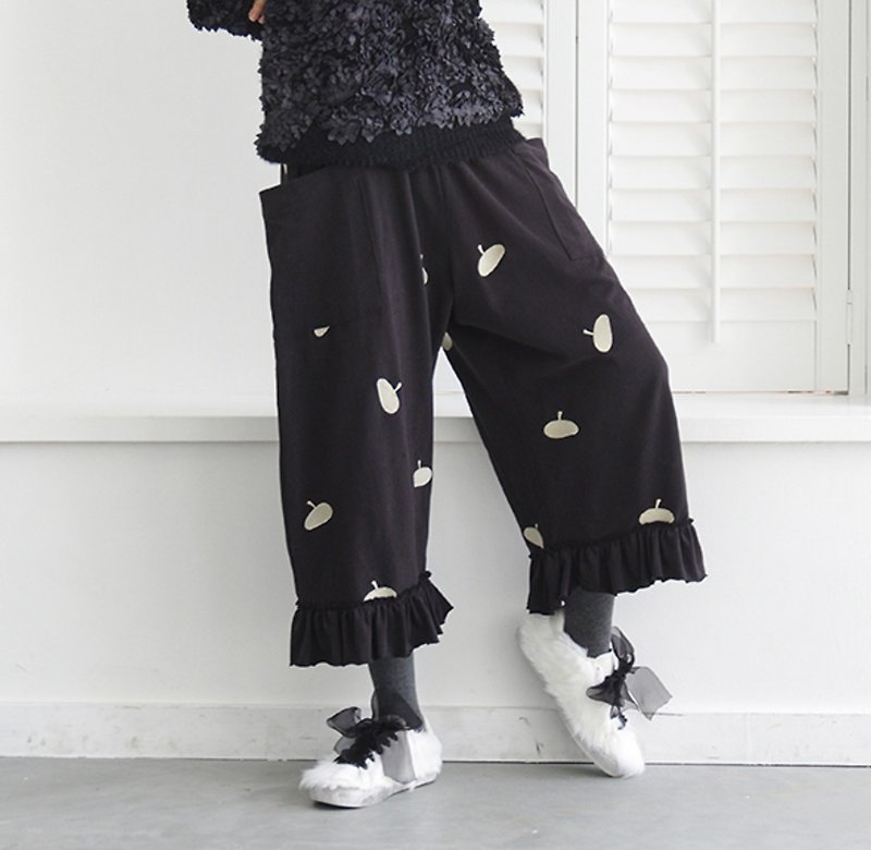 Embroidered mushroom black lace pants-imakokoni - Women's Pants - Cotton & Hemp Black
