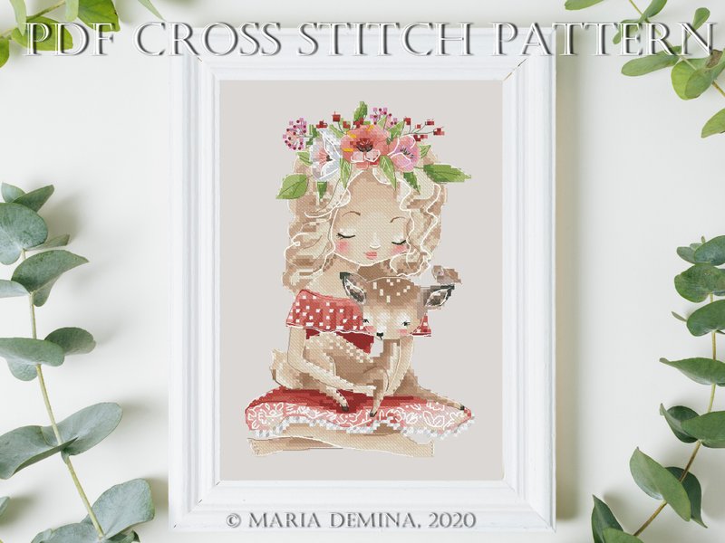 The Girl And Baby Deer PDF cross stitch pattern 动物 女孩 十字绣 - 手工藝教學/工具書 - 其他材質 