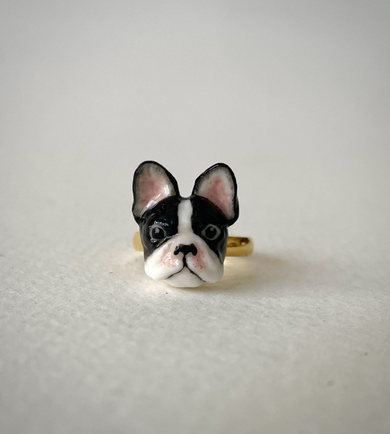 French Bulldog Porcelain Adjustable Ring/ Hand painted/ Unique Gift - General Rings - Porcelain White