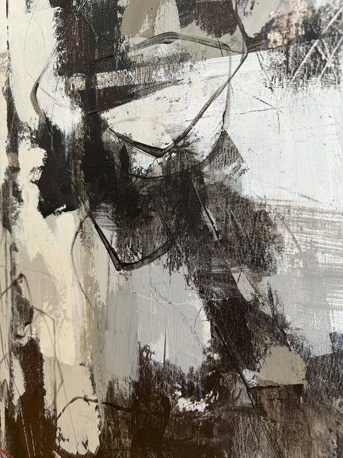 キャンバスに描かれた、現代抽象画、白黒幾何学模様、モノクロ