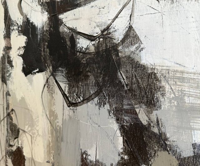 キャンバスに描かれた、現代抽象画、白黒幾何学模様、モノクロ