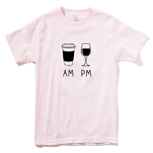 hipster COFFEE AM WINE PM 短袖T恤 淺粉色 咖啡 酒 禮物 設計 插畫